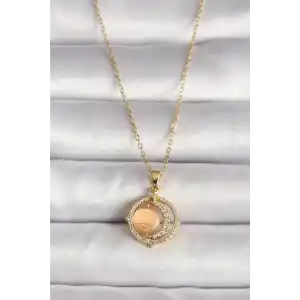 316L Çelik Gold Renk Zirkon Taşlı Turuncu Sedefli Hilal Model Kadın Kolye