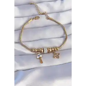 316L Çelik Gold Renk Zirkon Taşlı Yonca Detay Nazarlı Anahtar Tasarımlı Bileklik