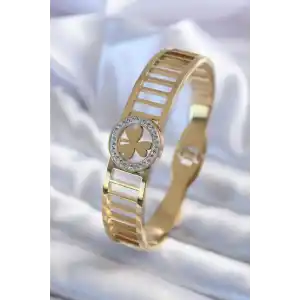 316L Çelik Gold Renk Zirkon Taşlı Yonca Model Kadın Kelepçe