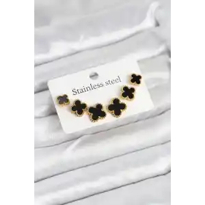 316L Çelik Gold Siyah Renk 3 Boy Yonca Küpe Seti