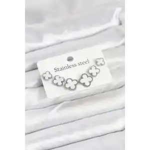 316L Çelik Gümüş Beyaz Renk 3 Boy Yonca Küpe Seti