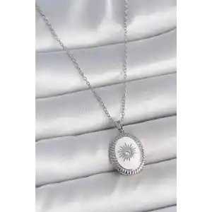 316L Çelik Gümüş Renk Beyaz Mineli Güneş İşlemeli Nazar Boncuk Detay Madalyon Model Kadın Kolye