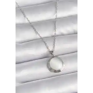 316L Çelik Gümüş Renk Beyaz Sedefli Daire Model Kadın Kolye
