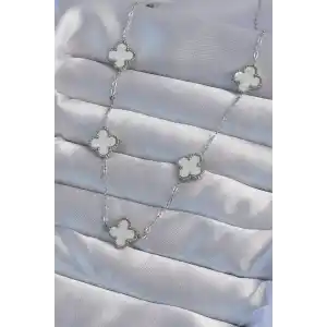 316L Çelik Gümüş Renk Beyaz Sedefli Yonca Kolye