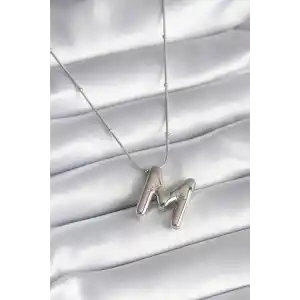 316L Çelik Gümüş Renk Bubble M Harf Model Kadın Kolye