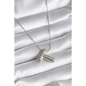 316L Çelik Gümüş Renk Bubble T Harf Model Kadın Kolye