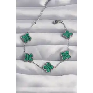 316L Çelik Gümüş Renk Çizgili Yeşil Mineli Yonca Bileklik