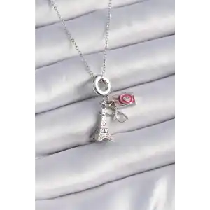 316L Çelik Gümüş Renk Eyfel Kule Fotoğraf Makinesi Model Charm Kadın Kolye