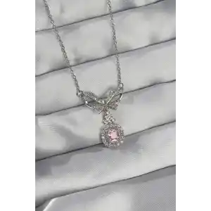316L Çelik Gümüş Renk Fiyonk Detay Pembe Zirkon Taşlı Tektaş Kolye