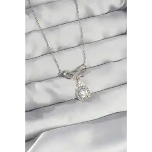 316L Çelik Gümüş Renk Fiyonk Detay Zirkon Taşlı Tektaş Kolye