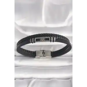 316L Çelik Gümüş Renk Gemi Dümeni Figür Siyah Burgu Deri Kordon Model Erkek Bileklik