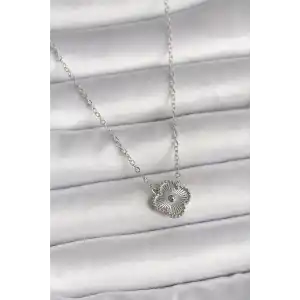 316L Çelik Gümüş Renk İşleme Detaylı Yonca Model Kadın Kolye