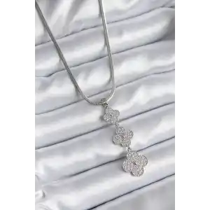 316L Çelik Gümüş Renk İtalyan Zincir Zirkon Taşı Yonca Model Kadın Kolye