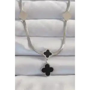 316L Çelik Gümüş Renk İtalyan Zincirli Mineli Yonca Kolye