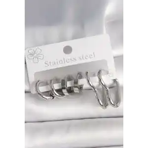 316L Çelik Gümüş Renk Kalp Halka Model Kadın Küpe Seti