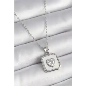316L Çelik Gümüş Renk Kare Madalyon Kalp Zirkon Taş İşleme Kadın Kolye