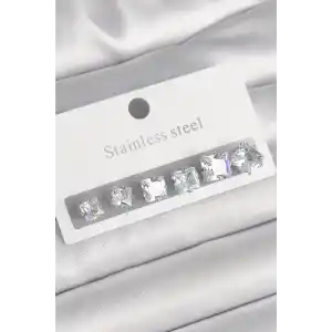 316L Çelik Gümüş Renk Kare Zirkon Taşlı Kadın Küpe Seti