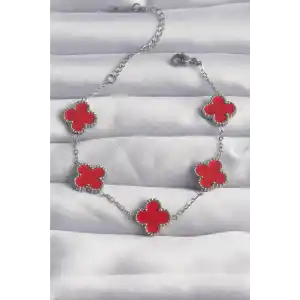 316L Çelik Gümüş Renk Kırmızı Mineli Yonca Bileklik