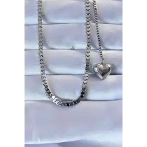 316L Çelik Gümüş Renk Küp Zincirli Kalpli Kolye