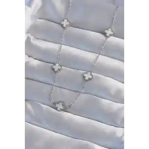 316L Çelik Gümüş Renk Minimal Beyaz Sedefli Yonca Kolye