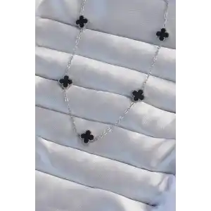 316L Çelik Gümüş Renk Minimal Siyah Mineli Yonca Kolye