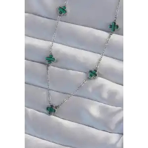 316L Çelik Gümüş Renk Minimal Yeşil Mineli Yonca Kolye