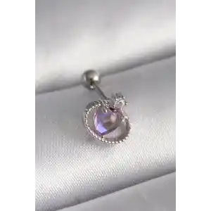 316L Çelik Gümüş Renk Mor Mineli Kalp Zirkon Taş Detay Tragus Piercing