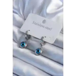 316L Çelik Gümüş Renk Nazar Boncuk Model Kadın Küpe