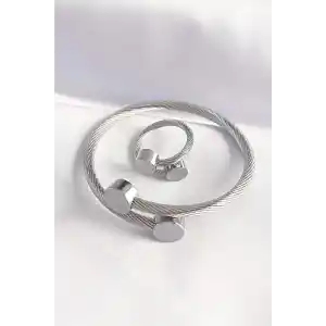 316L Çelik Gümüş Renk Oval Aksesuarlı Burgu Model Bileklik ve Yüzük Kombini