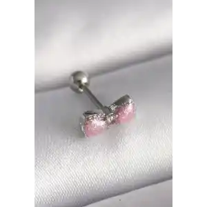 316L Çelik Gümüş Renk Pembe Kurdele Zirkon Taş Detay Tragus Piercing