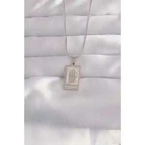 316L Çelik Gümüş Renk Pembe Mineli El Figür Tarot Kolye