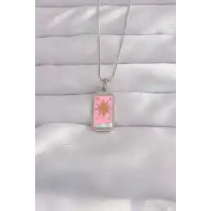 316L Çelik Gümüş Renk Pembe Mineli Güneş Model Tarot Kolye