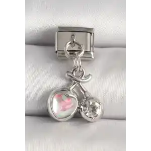 316L Çelik Gümüş Renk Pembe Mineli Kalp Zirkon Taş Detay Nomination Charm