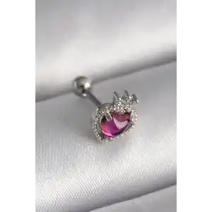 316L Çelik Gümüş Renk Pembe Mineli Kalp Zirkon Taş Detaylı Taç Tragus Piercing