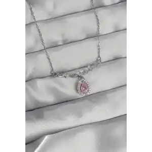 316L Çelik Gümüş Renk Pembe Zirkon Taşlı Damla Kolye