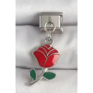 316L Çelik Gümüş Renk Sallantı Kırmızı Gül Model Nomination Charm