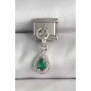 316L Çelik Gümüş Renk Sallantı Yeşil Zirkon Taşlı Damla Model Nomination Charm