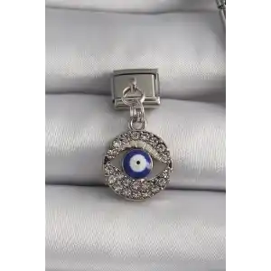316L Çelik Gümüş Renk Sallantı Zirkon Taşlı Göz Model Nazar Boncuk Detay Nomination Charm