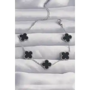 316L Çelik Gümüş Renk Siyah Mineli Yonca Bileklik