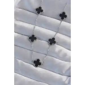 316L Çelik Gümüş Renk Siyah Mineli Yonca Kolye