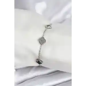 316L Çelik Gümüş Renk Siyah ve Zirkon Taşlı Baby Boy Yonca Kadın Bileklik