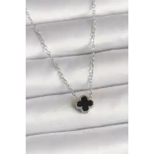 316L Çelik Gümüş Renk Siyah Yonca Model Kadın Kolye