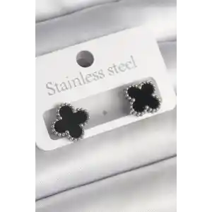 316L Çelik Gümüş Renk Siyah Yonca Model Kadın Küpe