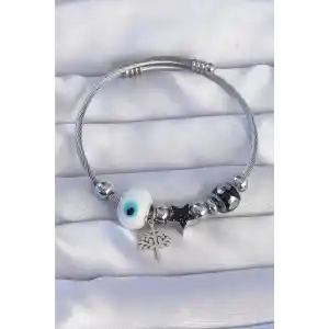 316L Çelik Gümüş Renk Siyah Zirkon Taşlı Yıldız Tasarımlı Ağaç Detay Nazarlı Charm Bileklik