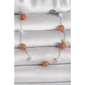 316L Çelik Gümüş Renk Turuncu Doğaltaş Model İnci Detay Kadın Bileklik