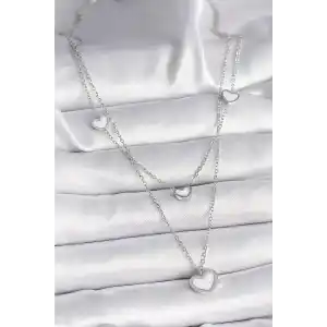 316L Çelik Gümüş Renk Zincir 2Li Zincir Kalp Model Kadın Kolye
