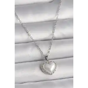 316L Çelik Gümüş Renk Zincir 3D İnci Kalp Model Kadın Kolye