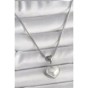 316L Çelik Gümüş Renk Zincir 3D Kalp Model Kadın Kolye