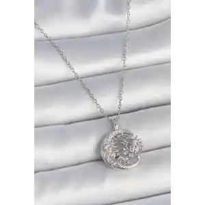 316L Çelik Gümüş Renk Zincir Ay Güneş Model Zirkon Taş Detay Kadın Kolye