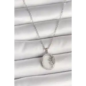 316L Çelik Gümüş Renk Zincir Beyaz Mineli Gün Batımı Model Zirkon Taş Detaylı Kadın Kolye